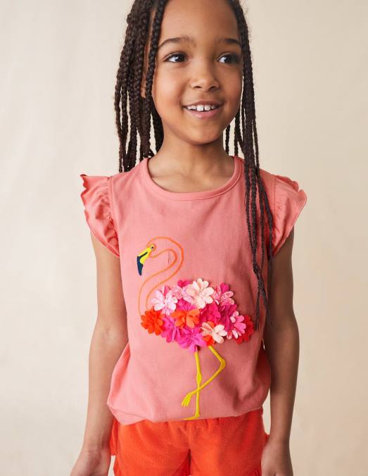 Boden vêtements sorbet pêche flamant rose filles haut brodé à volants LB2X3084
