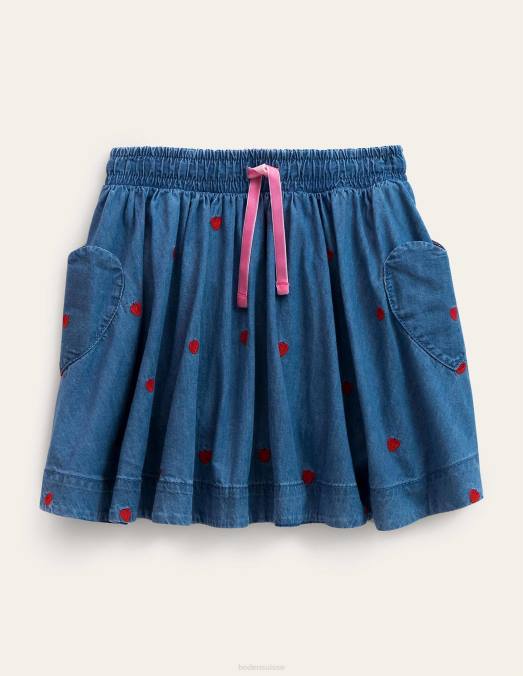 Boden vêtements coeurs en denim vintage moyen filles jupe virevoltante tissée LB2X2620