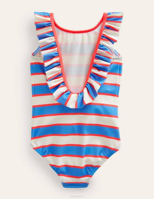 Boden vêtements Penzance rayures bleues et rouges filles maillot de bain à froufrous LB2X3162