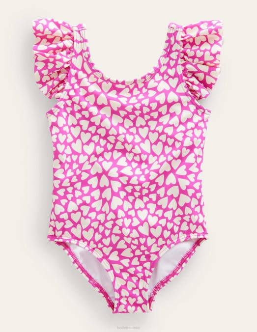 Boden vêtements coeurs ivoire et rose vif filles maillot de bain à manches flottantes LB2X2866