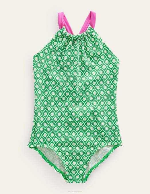 Boden vêtements point de marguerite verte école ivoire filles maillot de bain bouclé à l'arrière LB2X2998
