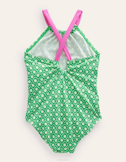 Boden vêtements point de marguerite verte école ivoire filles maillot de bain bouclé à l'arrière LB2X2998