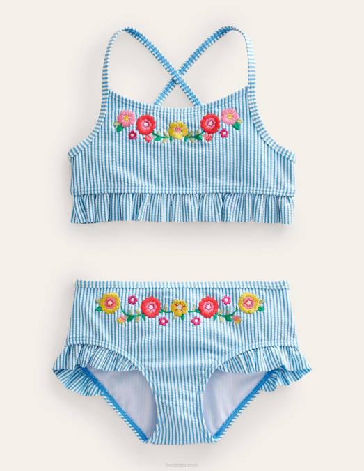 Boden vêtements rayure bleue ivoire et planche de surf filles bikini à volants brodés LB2X3089