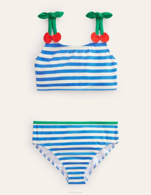 Boden vêtements rayures bleu cabana et ivoire filles bikini à bretelles cerises LB2X2948