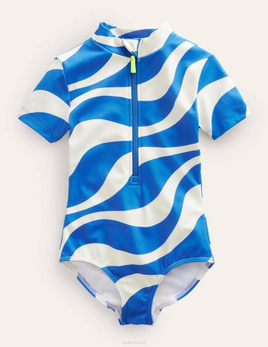 Boden vêtements vague ivoire et bleu cabana filles maillot de bain à manches courtes LB2X3212