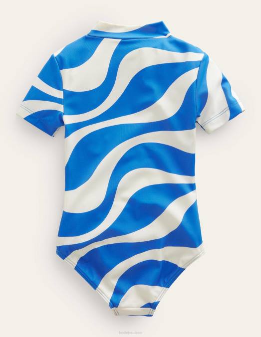 Boden vêtements vague ivoire et bleu cabana filles maillot de bain à manches courtes LB2X3212