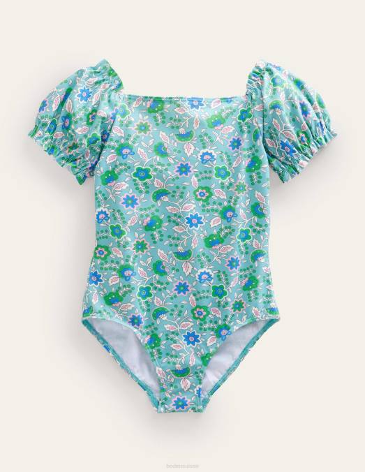 Boden vêtements vigne florale de mer aqua filles maillot de bain à manches bouffantes LB2X2933