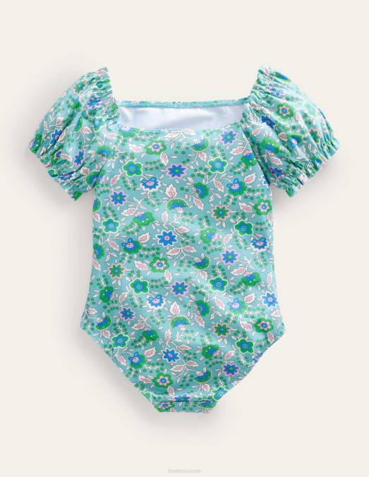 Boden vêtements vigne florale de mer aqua filles maillot de bain à manches bouffantes LB2X2933