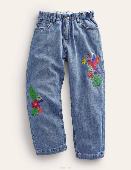 Boden vêtements denim brodé légèrement délavé filles jean coupe droite à broderies LB2X2749