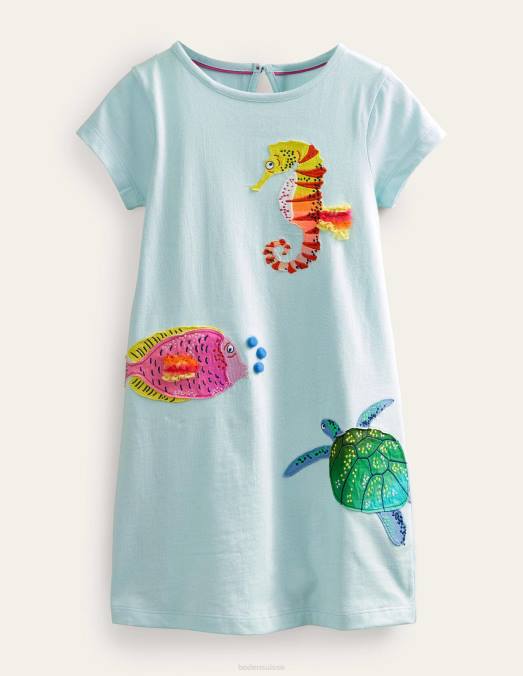 Boden vêtements bleu aqua glacé filles robe t-shirt à appliqué LB2X3243