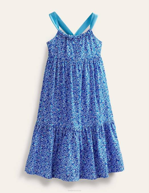 Boden vêtements bleu cabanon floral filles robe longue en jersey à volants LB2X2808