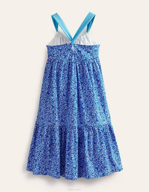Boden vêtements bleu cabanon floral filles robe longue en jersey à volants LB2X2808