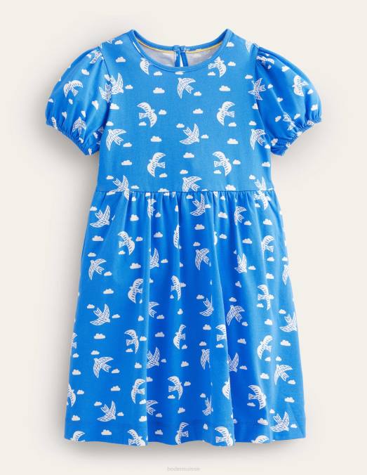 Boden vêtements cabane oiseaux bleus filles robe en jersey à manches bouffantes LB2X2837