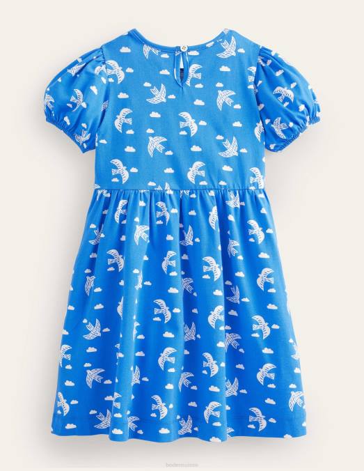 Boden vêtements cabane oiseaux bleus filles robe en jersey à manches bouffantes LB2X2837