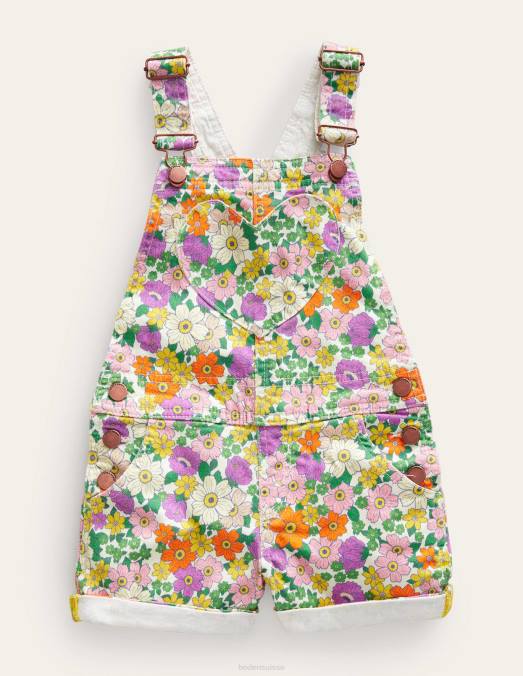 Boden vêtements caravane florale ivoire et violette filles salopette courte à poche coeur LB2X751
