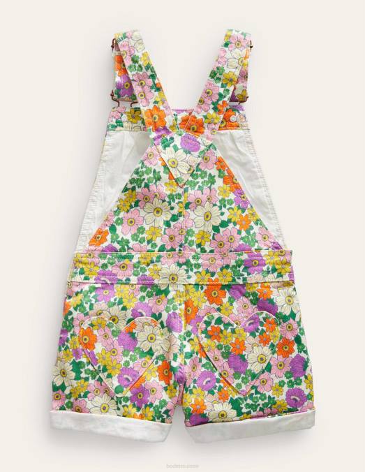 Boden vêtements caravane florale ivoire et violette filles salopette courte à poche coeur LB2X751