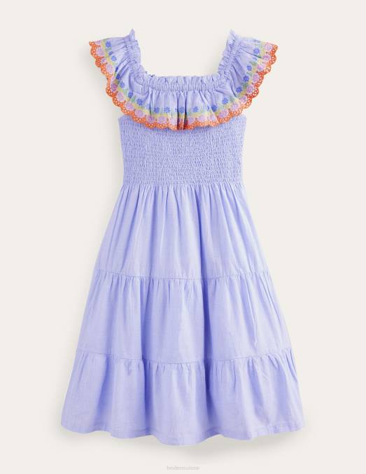 Boden vêtements chambray bleu filles robe festonnée à volants LB2X3231