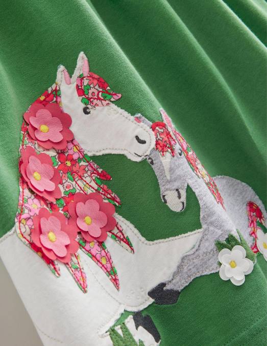 Boden vêtements chevaux verts d'herbe profonde filles robe en jersey à appliqué LB2X3239