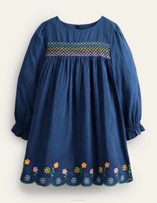 Boden vêtements fleurs de la marine universitaire filles robe smockée arc-en-ciel LB2X2976