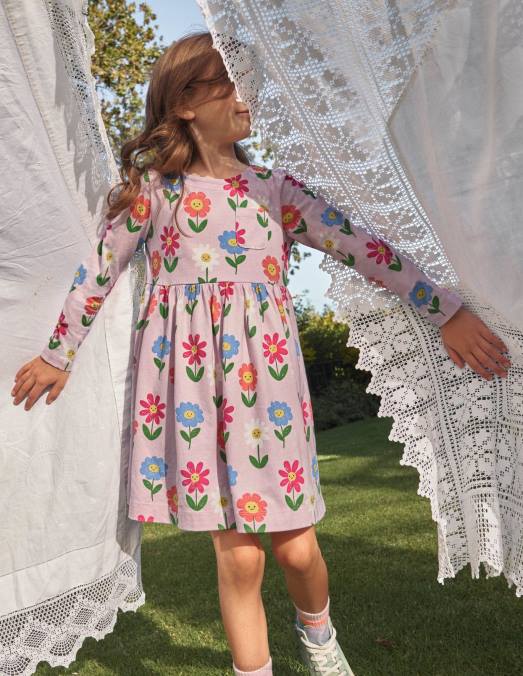 Boden vêtements jolies fleurs roses filles robe en jersey amusante à manches longues LB2X3095