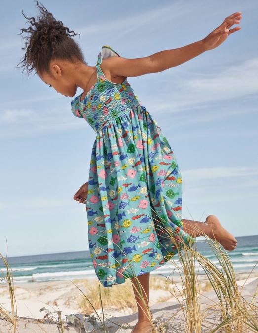 Boden vêtements poisson bleu de mer aqua filles robe midi froncée en jersey LB2X3040
