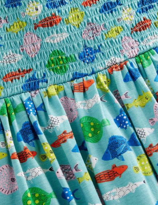 Boden vêtements poisson bleu de mer aqua filles robe midi froncée en jersey LB2X3040