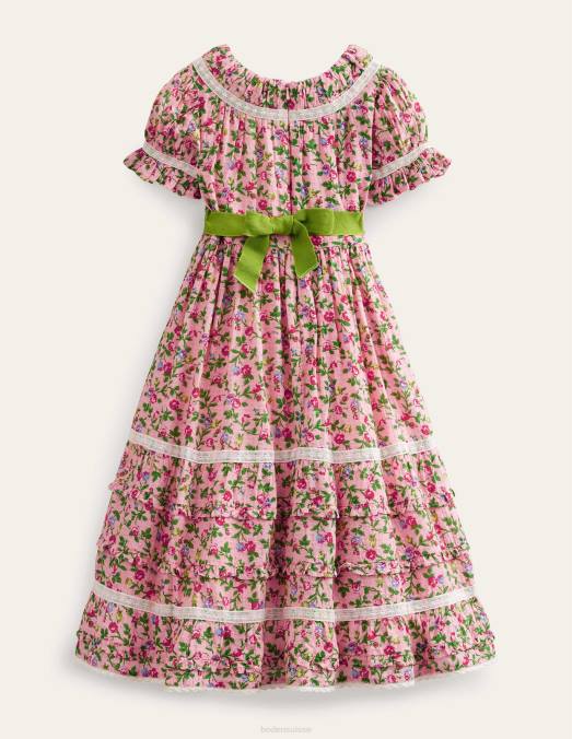 Boden vêtements rose décousue filles robe de soirée imprimée à bordure en dentelle LB2X2925