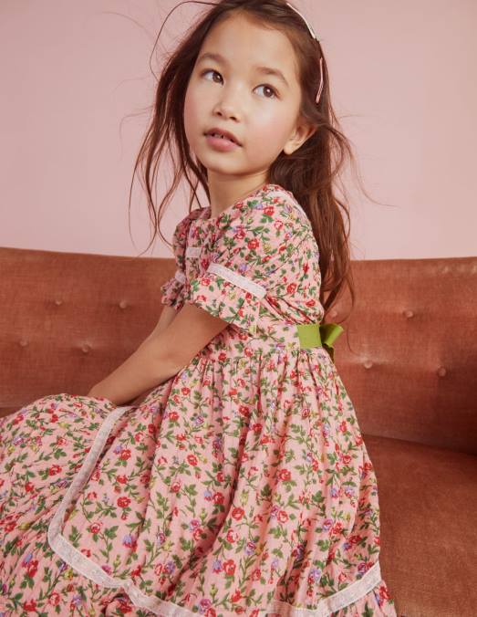 Boden vêtements rose décousue filles robe de soirée imprimée à bordure en dentelle LB2X2925