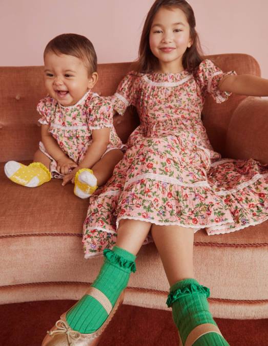 Boden vêtements rose décousue filles robe de soirée imprimée à bordure en dentelle LB2X2925