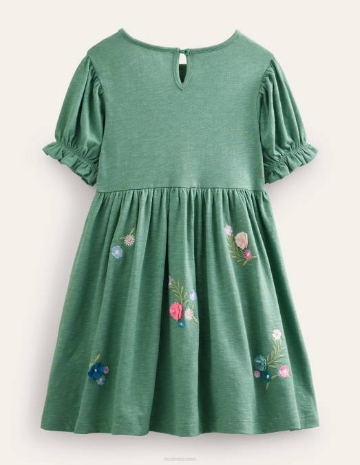 Boden vêtements vert césarite filles robe en jersey brodée LB2X745