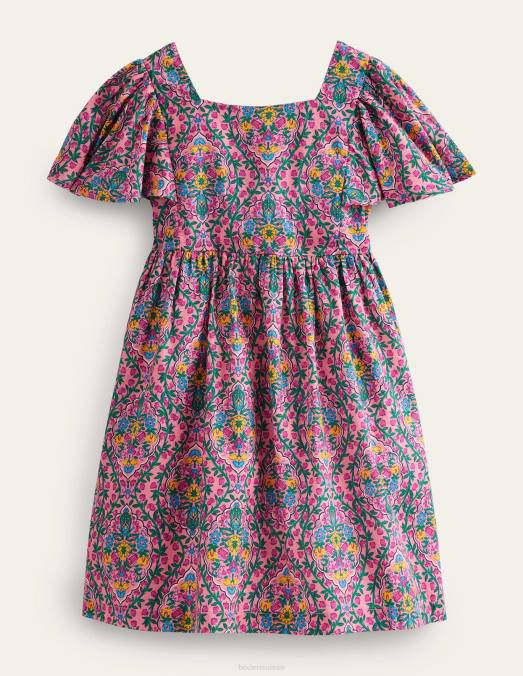 Boden vêtements vigne de gravure sur bois d'azalée filles robe imprimée à manches flottantes LB2X746