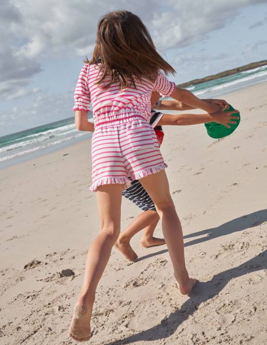 Boden vêtements rose chatouillé/ivoire filles short en tissu éponge à ourlet volanté LB2X2969