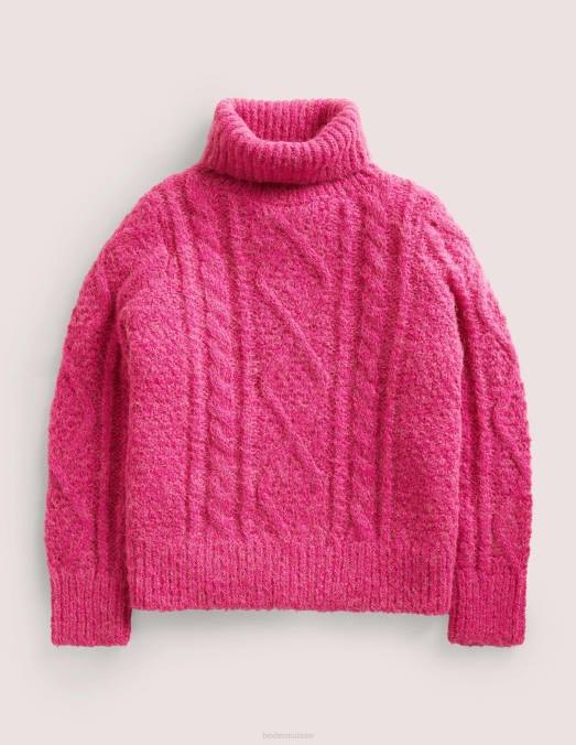 Boden vêtements câble rose choquant filles pull à grosses torsades à col roulé LB2X3145