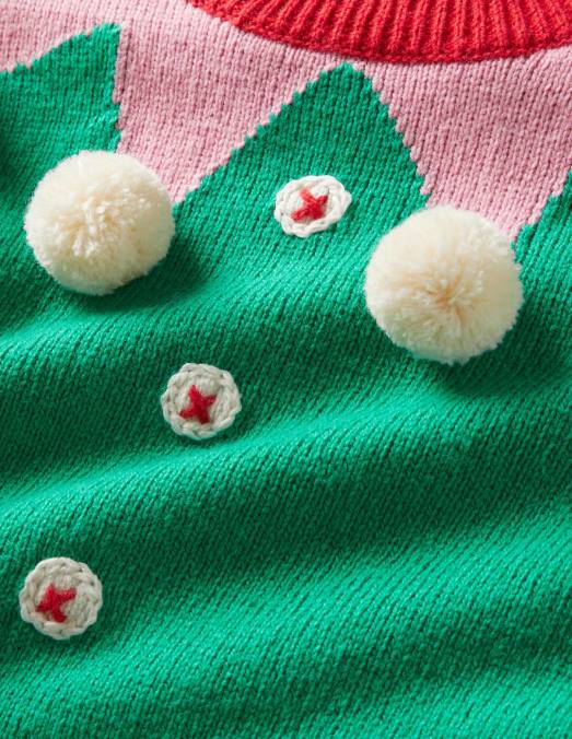 Boden vêtements elfe du poivron vert filles pull de Noël à pompon et lutin rayé LB2X3137