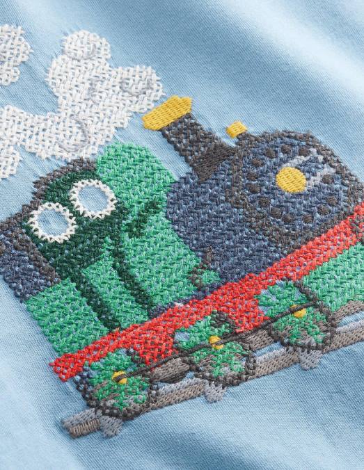 Boden vêtements train de galets bleus garçons t-shirt en coton au point de croix LB2X860