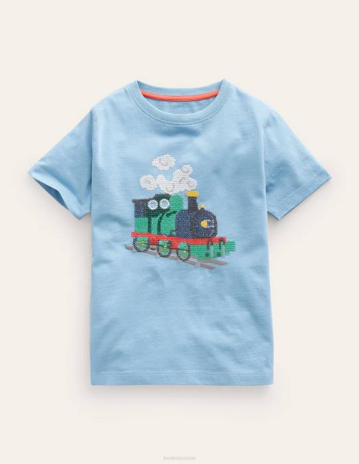 Boden vêtements train de galets bleus garçons t-shirt en coton au point de croix LB2X860