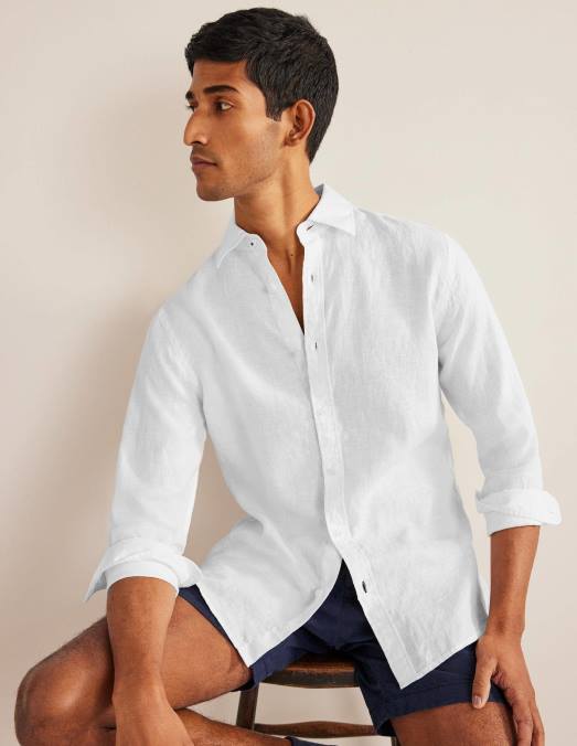 Boden vêtements blanc Hommes chemise en lin à col italien LB2X3633