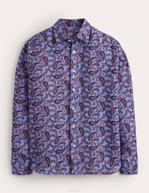 Boden vêtements cachemire bleu vif Hommes chemise en lin à col italien LB2X3495