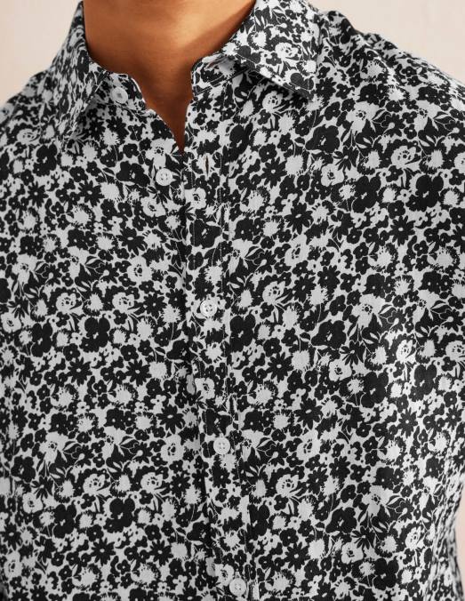 Boden vêtements fleuri noir et écru Hommes chemise en lin à col italien LB2X3524