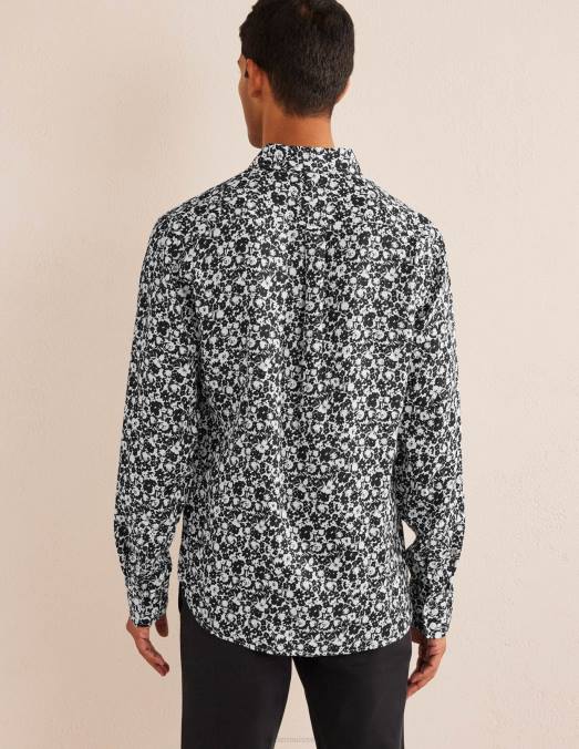 Boden vêtements fleuri noir et écru Hommes chemise en lin à col italien LB2X3524