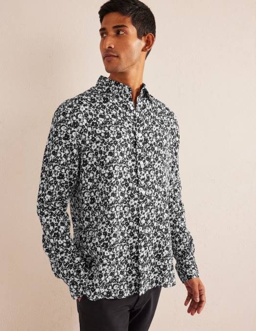 Boden vêtements fleuri noir et écru Hommes chemise en lin à col italien LB2X3524