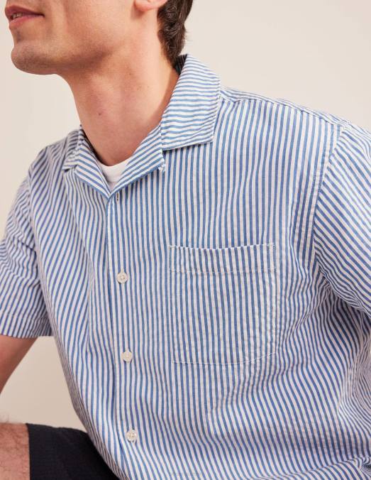 Boden vêtements rayure bleu porcelaine/ivoire Hommes chemise texturée à col à revers LB2X3504
