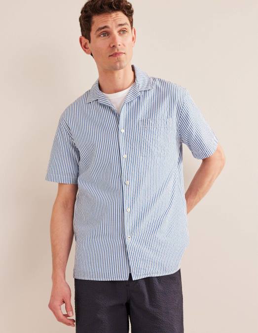 Boden vêtements rayure bleu porcelaine/ivoire Hommes chemise texturée à col à revers LB2X3504