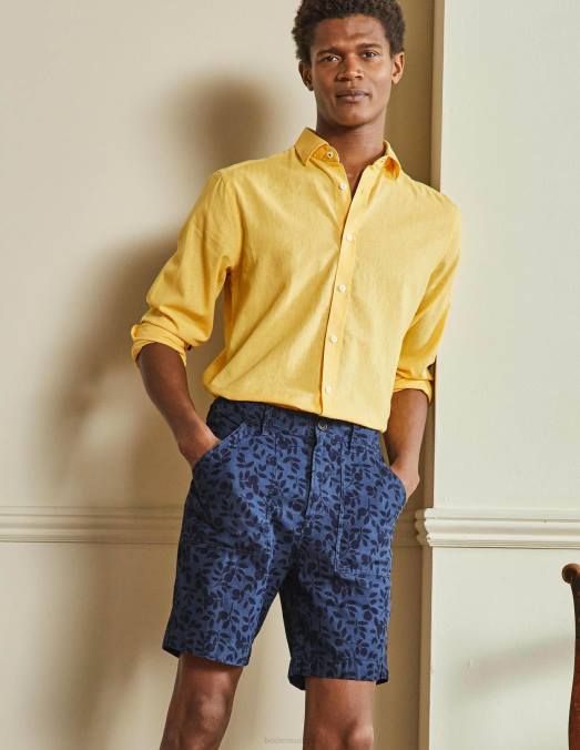 Boden vêtements enseigne feuillage bleu Hommes short facile en lin mélangé LB2X3584