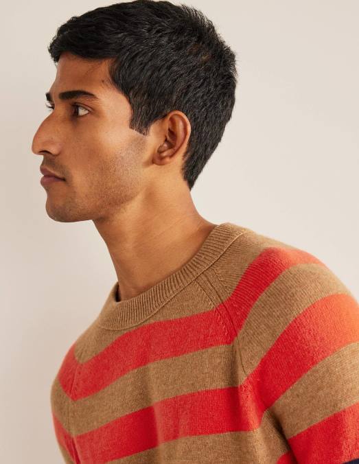 Boden vêtements camel mélangé à rayures multiples Hommes pull à col rond raglan LB2X3589