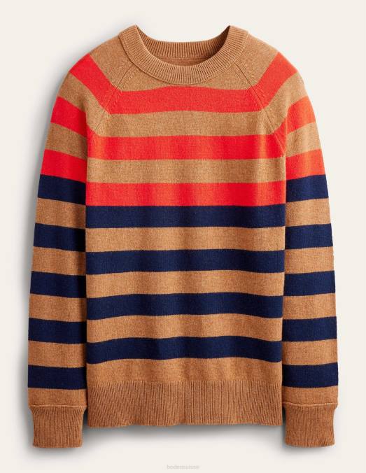 Boden vêtements camel mélangé à rayures multiples Hommes pull à col rond raglan LB2X3589