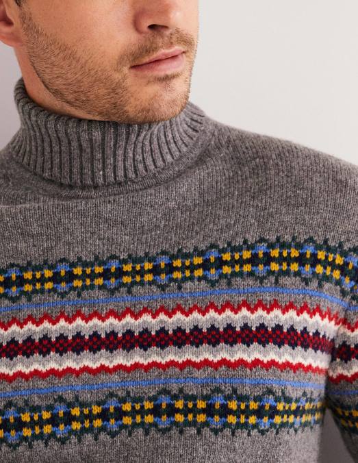 Boden vêtements gris mélangé Fair Isle Hommes pull col roulé en jacquard LB2X3537